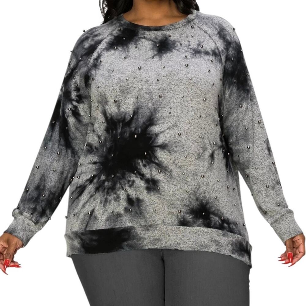 Coin 1804 Women’s Cozy Long Sleeve Pullover Top with Studs Gray Black Size 2X